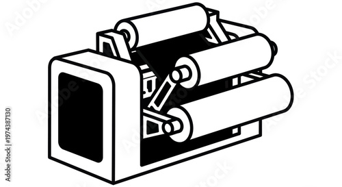 Industrial machine with multiple rollers for manufacturing processes.