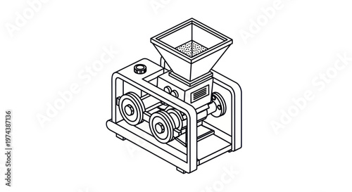 Industrial Machine with Hopper and Pulleys, Line Art Illustration.