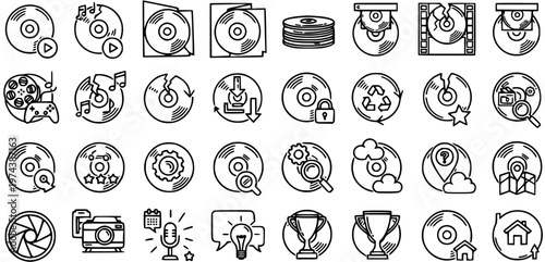 Technology Icons: CD, DVD, Data Storage, Media, Gaming, Camera, Location, Awards, Home, Music, Downloads, Settings, Security, Recycling, Business, Line Art