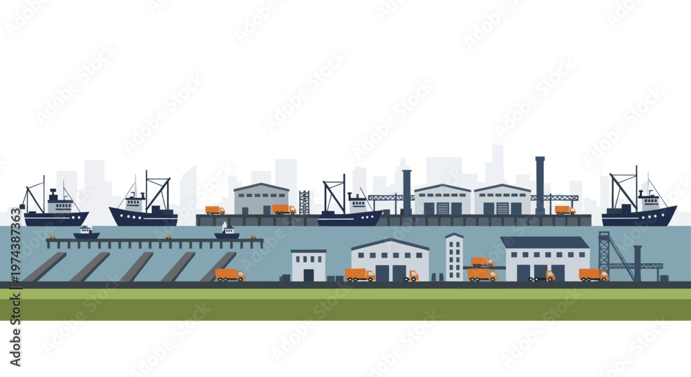 Fototapeta premium Industrial port with cargo ships and factories along the waterfront.