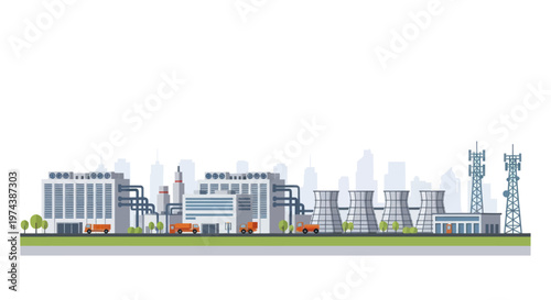 Industrial Plant with Cooling Towers and Factory Buildings.