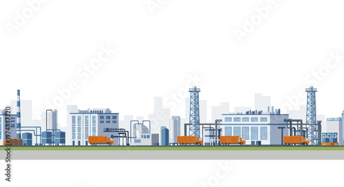 Industrial Plant and Factory Buildings with Chimneys and Pipes.