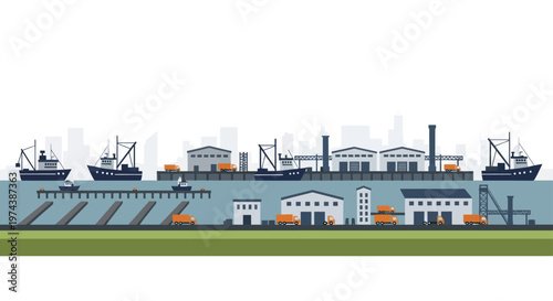 Industrial port with cargo ships and factories along the waterfront.