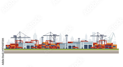Industrial Port with Cranes and Cargo Containers.