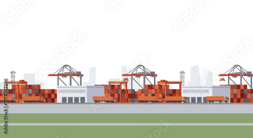 Industrial Port with Cranes and Cargo Containers.