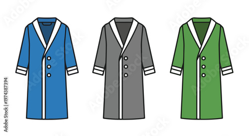 Three different colored long robes or dressing gowns displayed side by side against a white background