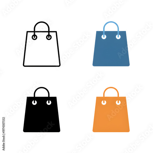 Shopping bag icons, colorful retail bags, e-commerce symbols, vector illustrations
