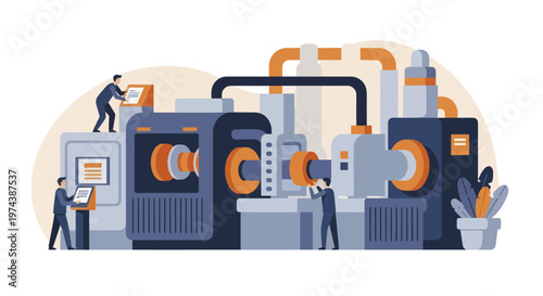 Industrial production line with workers operating machinery in a factory setting.