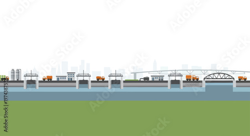 Industrial Riverfront with Factories, Bridges, and Cargo Ships.