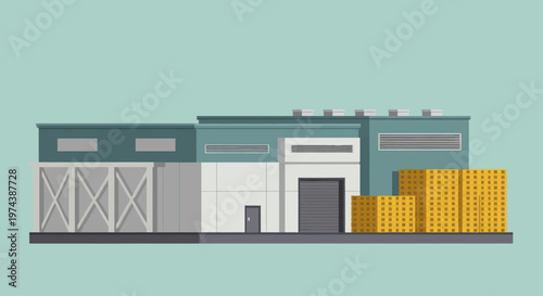 Industrial warehouse building with stacked boxes outside.