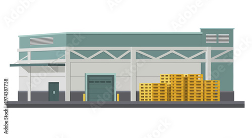 Industrial warehouse building with stacked wooden pallets outside.