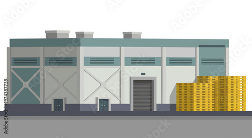 Industrial warehouse building with stacked wooden pallets outside.