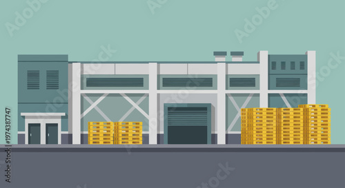 Industrial warehouse building with stacked wooden pallets outside.