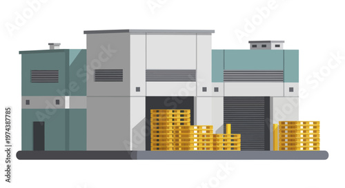 Industrial Warehouse Building with Stacks of Wooden Pallets.