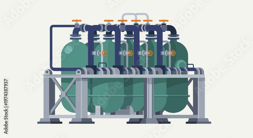 Industrial water treatment system with multiple tanks and pipes.