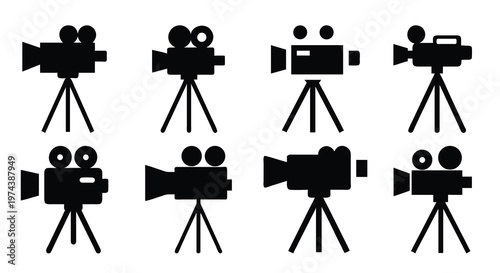 nine black camera silhouettes on tripods show different