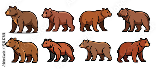 nine cartoon style grizzly bear illustrations with brown fur 