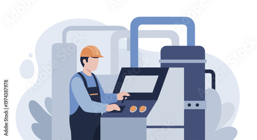 Industrial worker operating a CNC machine in a manufacturing factory.