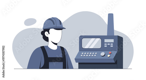 Industrial Worker Operating CNC Machine in Manufacturing Setting.