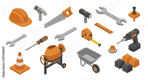 Isometric Construction Tools and Equipment Set for Building and Repair Projects.