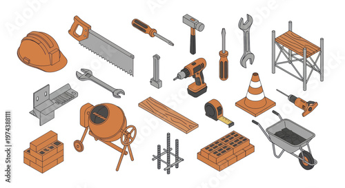 Isometric Construction Tools and Equipment Set for Building and Renovation.