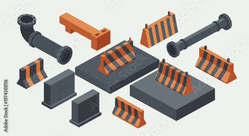 Isometric Construction Site Elements and Road Barriers.