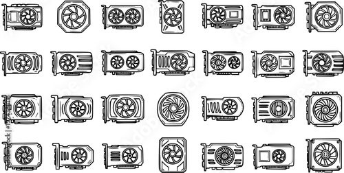 Black and White Line Art Graphics Cards Icons, Technology Vector Set