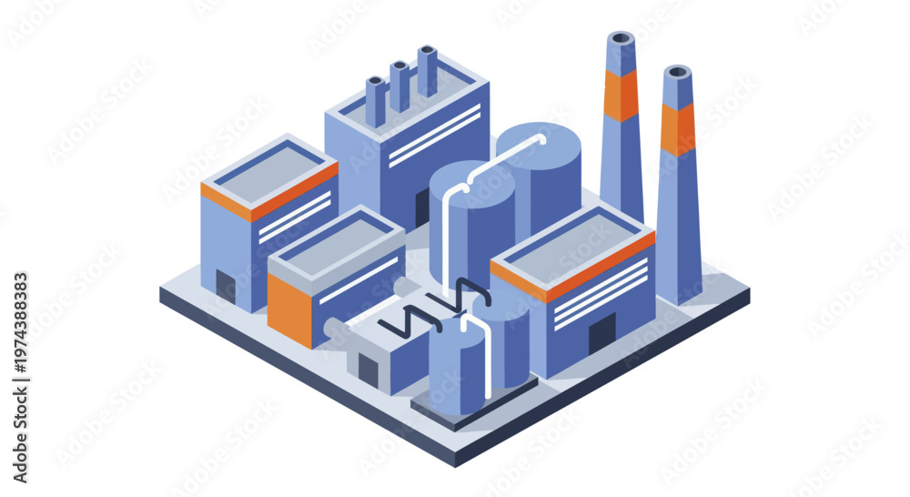 Fototapeta premium Isometric Industrial Factory Complex with Buildings and Smokestacks.