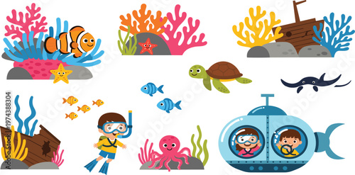 Underwater Adventure Cartoon Vector Set Featuring Divers Submarine Sea Animals Coral Reef and Ocean Exploration Elements Collection
