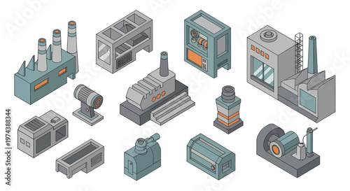 Isometric Industrial Factory Buildings and Machinery Set.