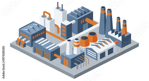 Isometric Industrial Factory Complex with Buildings and Smokestacks.
