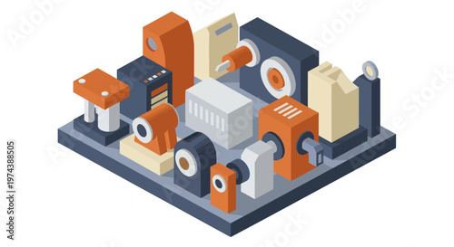 Isometric industrial machinery and components on a platform.