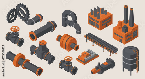 Isometric Industrial Pipes and Factory Elements Collection.