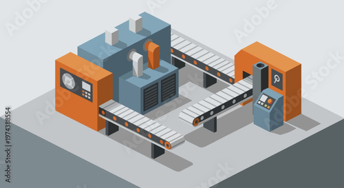 Isometric Industrial Production Line with Conveyor Belts and Machinery.
