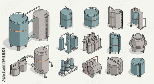 Isometric Industrial Tanks and Containers for Chemical and Food Processing.
