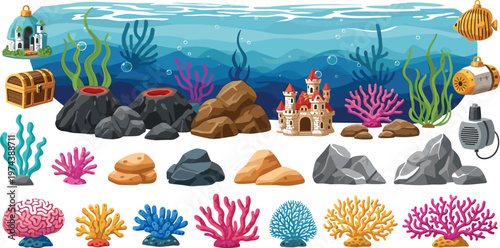 Underwater Ocean Elements Collection Featuring Coral Reefs Rocks Sea Plants Treasure Chest Submarine and Castle Cartoon Vector Set