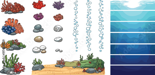 Underwater Scene Builder Vector Set Featuring Coral Rocks Sea Plants Bubbles and Ocean Depth Background Layers Collection
