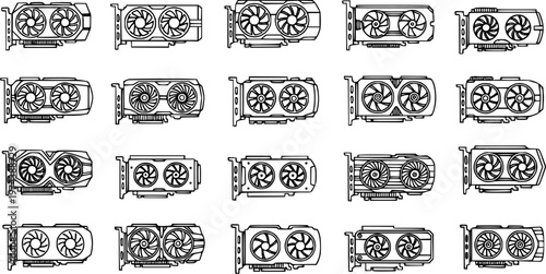 Black and White Line Art Collection of Various Computer Graphics Cards - Technology  Hardware