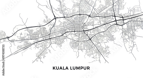 Kuala Lumpur City Map Minimalist Black and White Illustration.