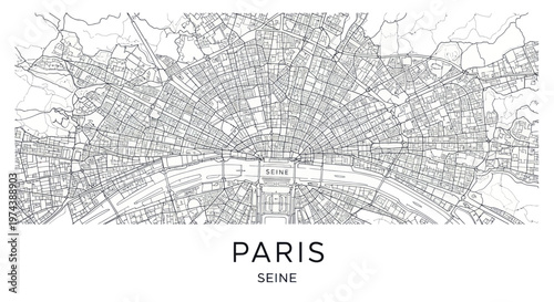 Minimalist Black and White Map of Paris France with Seine River Highlighted.