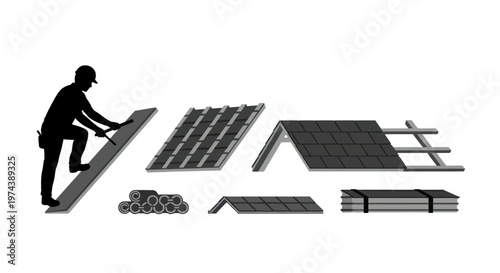 Roofer Installing Shingles and Roofing Materials Illustration.