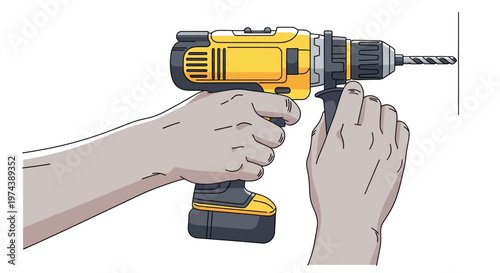 Hands holding a cordless power drill preparing to make a hole