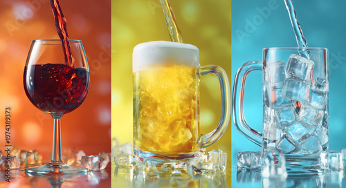 Selection of Refreshing Drinks: Red Wine, Beer, and Iced Water Pouring Into Glasses