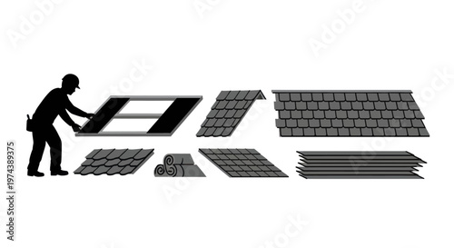 Roofer installing solar panels and various roofing materials.