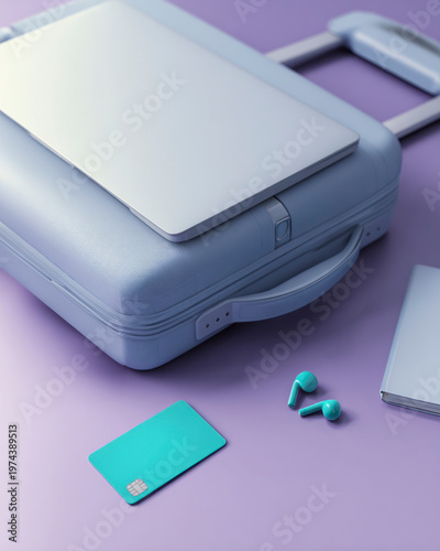 Remote work and digital nomad travel concept with suitcase, laptop, payment card and wireless earbuds. Modern business mobility, technology and flexible lifestyle.