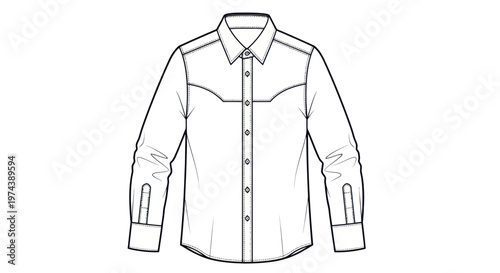 Technical fashion illustration of a mens long-sleeved western shirt with pointed yokes and snap buttons.