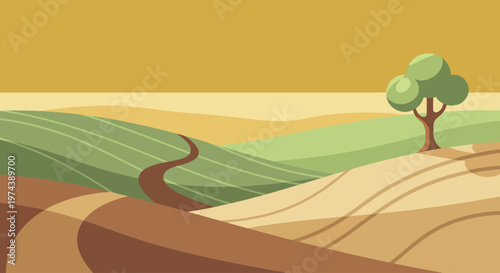 Vast agricultural landscape with rolling hills and a solitary tree.