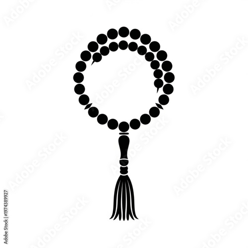A minimalist black silhouette of a mala bead necklace with tassel on a white background