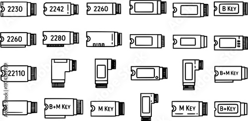 Technology Icons: Various SSD, M.2, NVMe Drive Connectors, Black and White Line Art