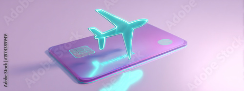 Purple credit card with airplane icon on pastel background represents travel payments, banking services, tourism expenses and modern digital finance. banner 